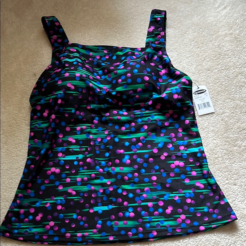 Aquamore sz14 tankini top inColorful Polka Dots black background nwt